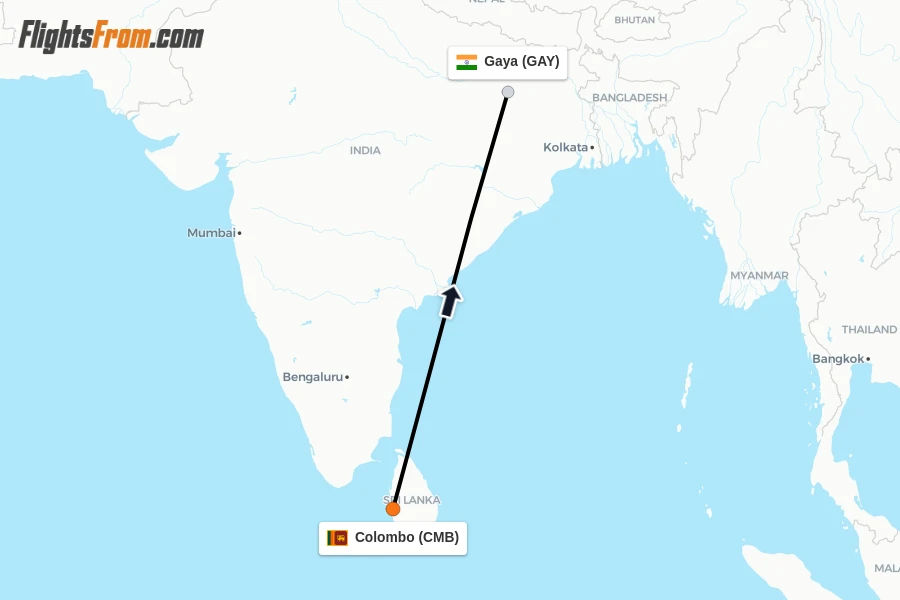 Flights from Colombo to Gaya route map