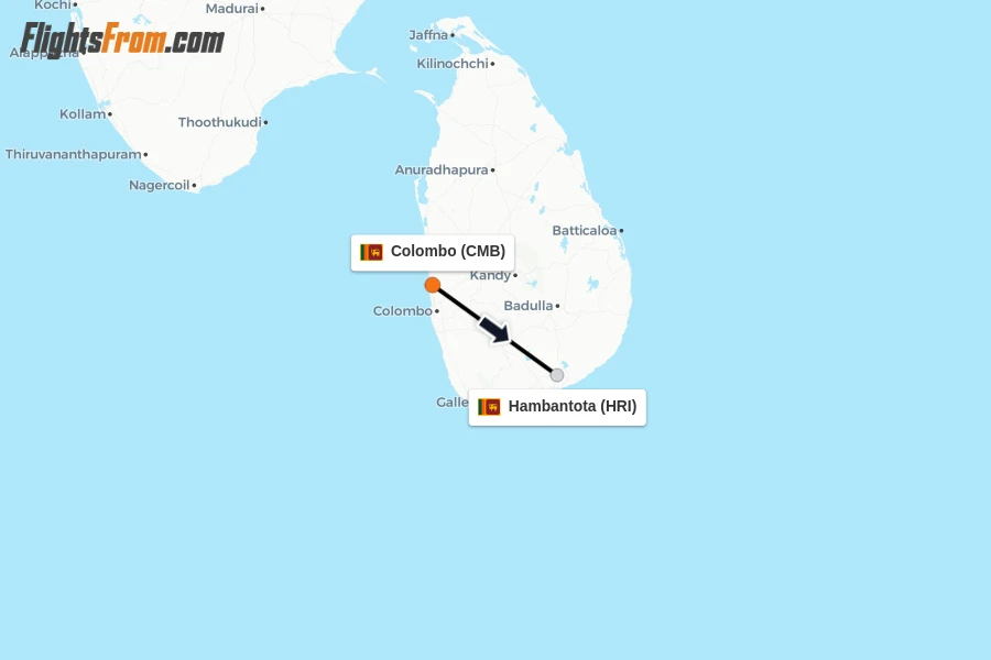 Flights from Colombo to Hambantota route map