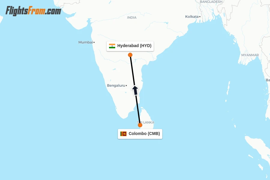 Flights from Colombo to Hyderabad route map