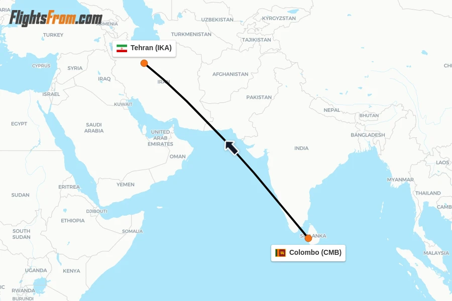 Flights from Colombo to Tehran route map