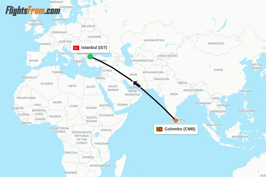 Flights from Colombo to Istanbul route map