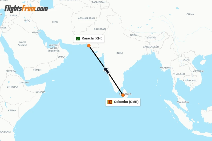 Flights from Colombo to Karachi route map