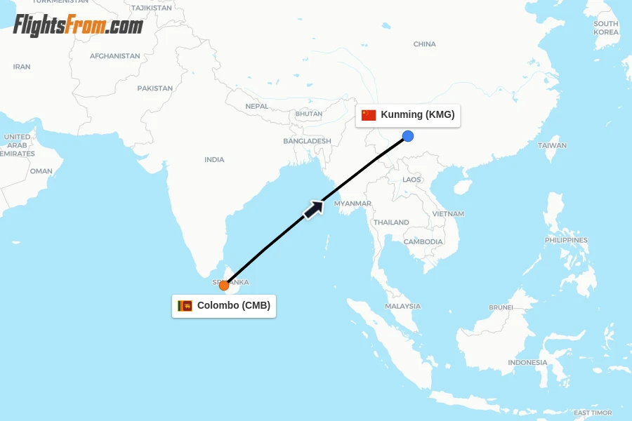 Flights from Colombo to Kunming route map