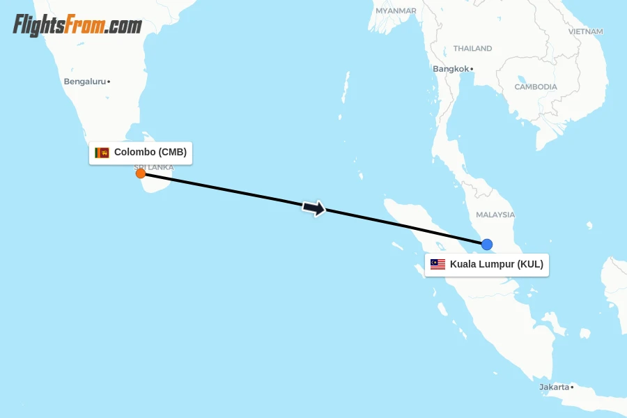 Flights from Colombo to Kuala Lumpur route map