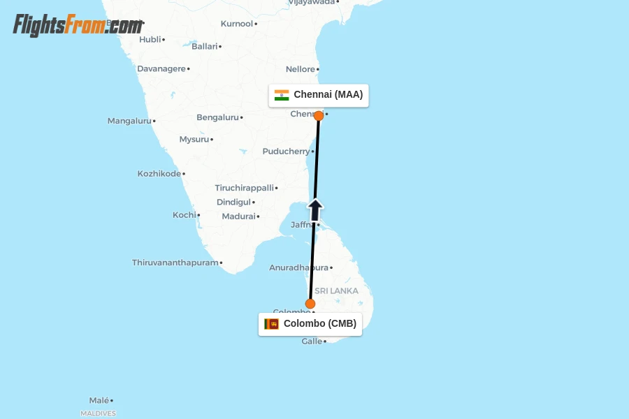 Flights from Colombo to Chennai route map