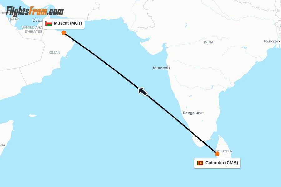 Flights from Colombo to Muscat route map