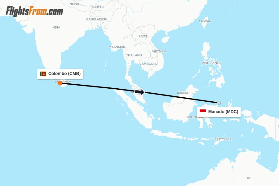 Flights from Colombo to Manado route map