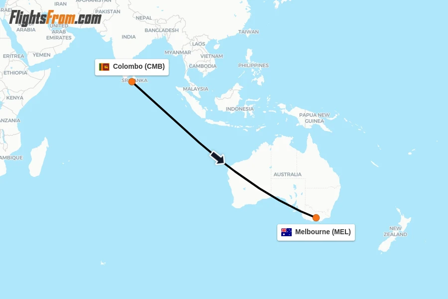 Flights from Colombo to Melbourne route map