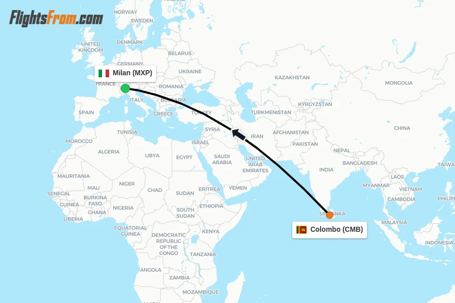 Flights from Colombo to Milan route map