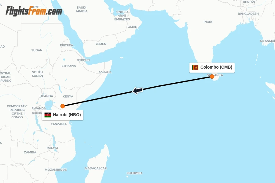 Flights from Colombo to Nairobi route map