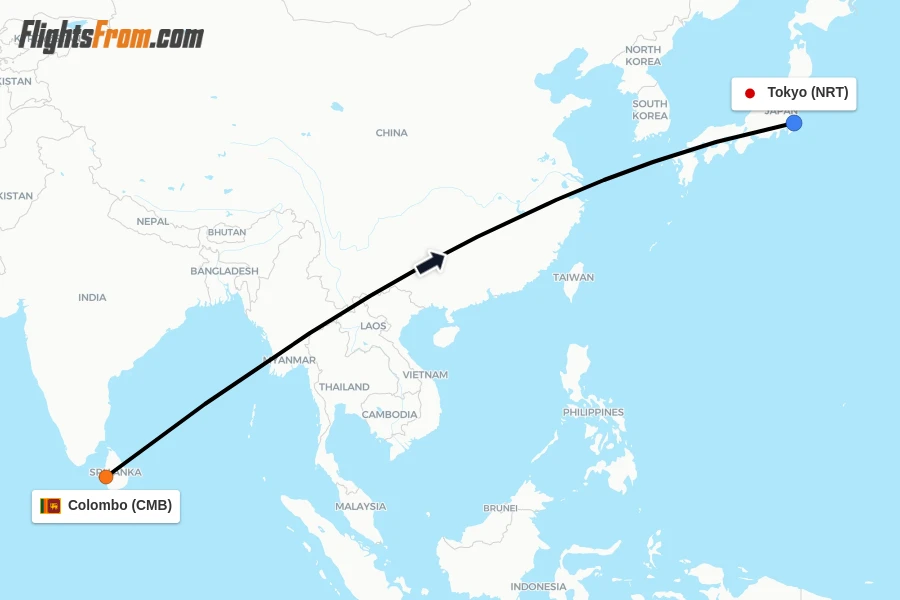 Flights from Colombo to Tokyo route map