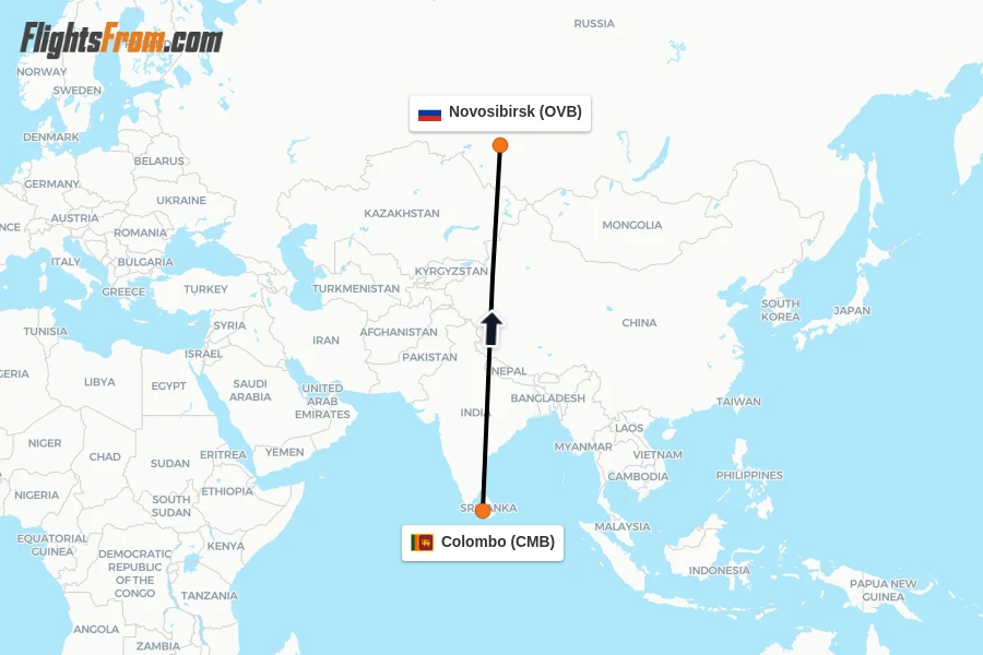 Flights from Colombo to Novosibirsk route map
