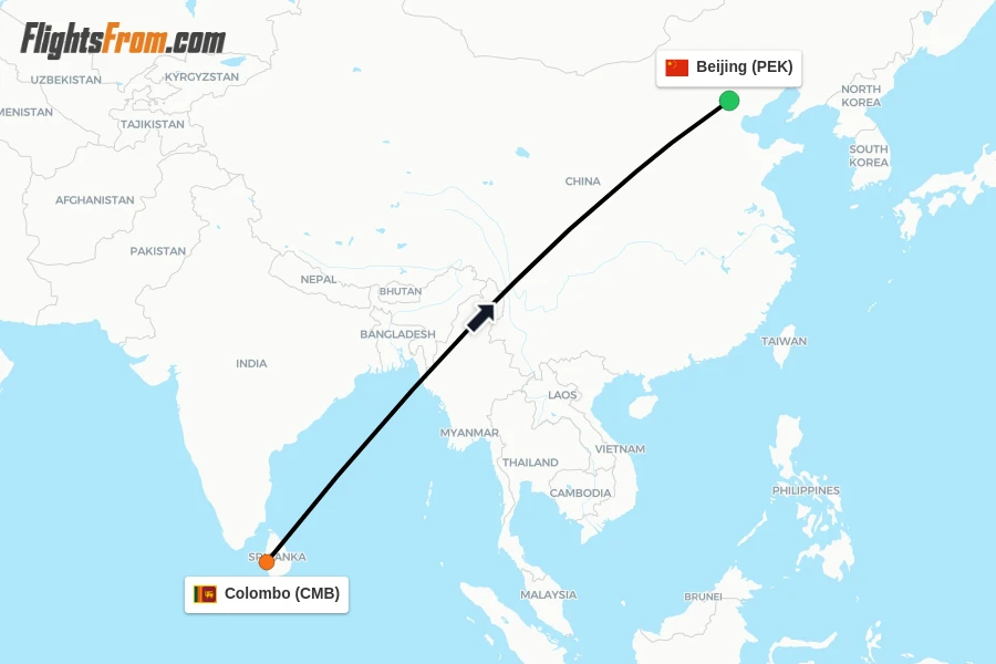 Flights from Colombo to Beijing route map