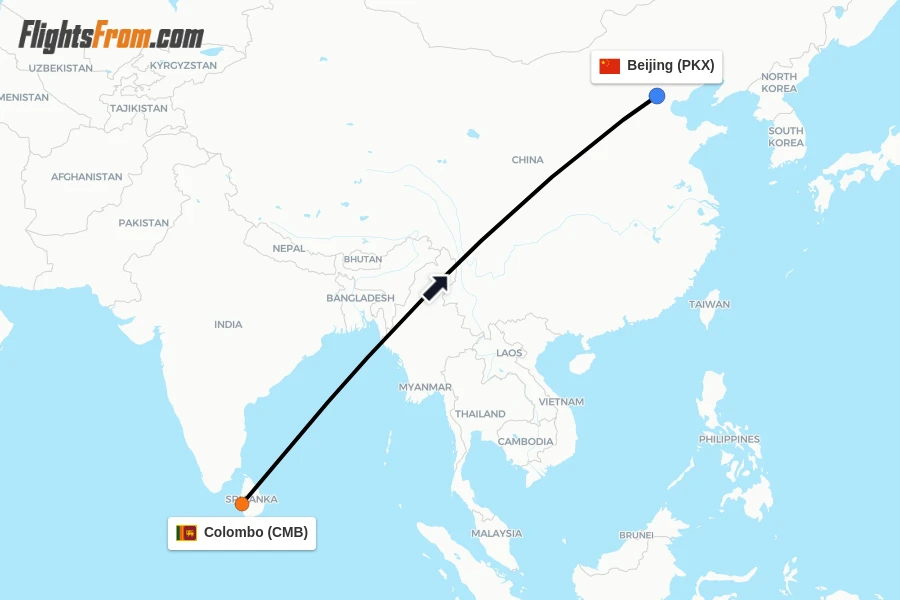 Flights from Colombo to Beijing route map