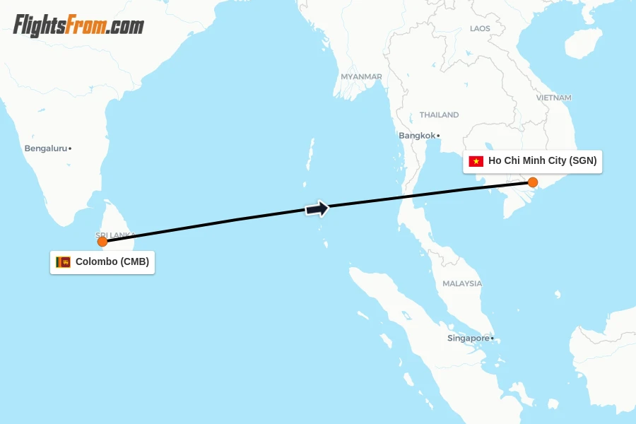 Flights from Colombo to Ho Chi Minh City route map