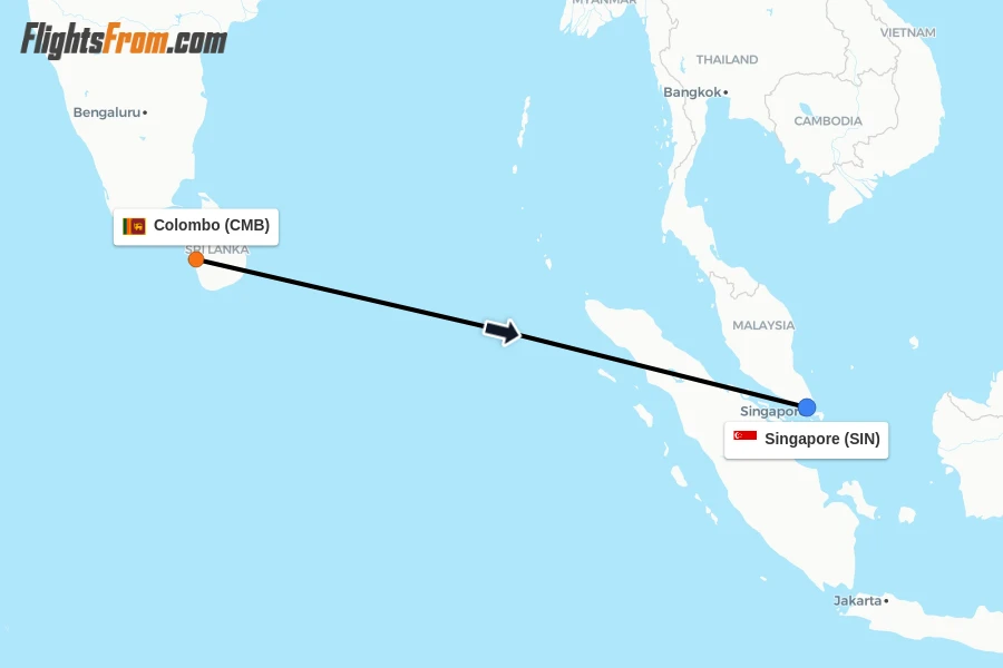 Flights from Colombo to Singapore route map