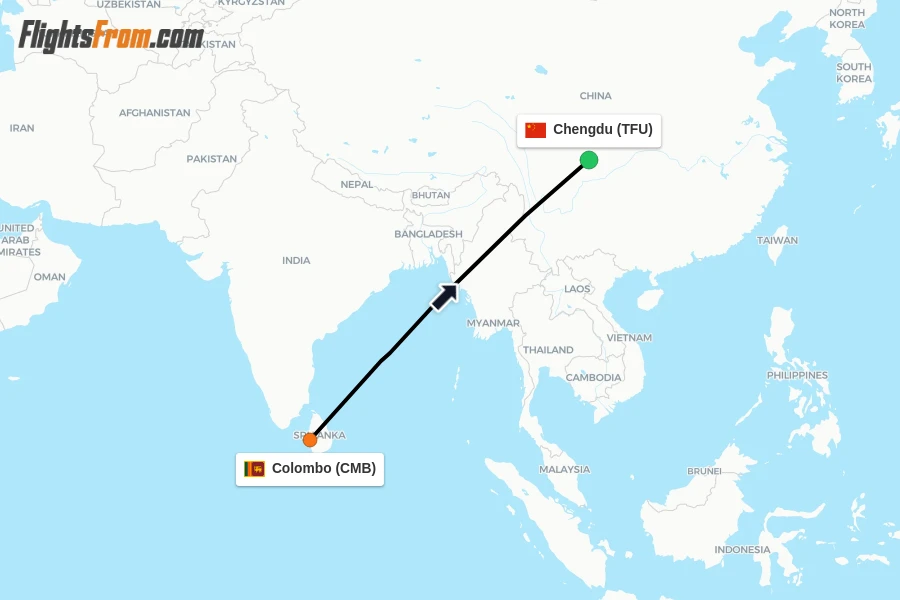 Flights from Colombo to Chengdu route map