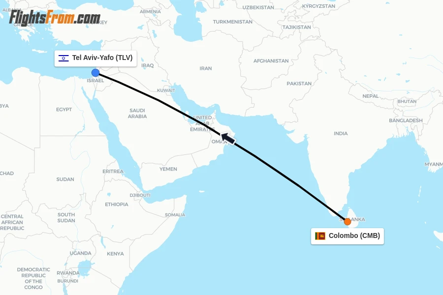 Flights from Colombo to Tel Aviv-Yafo route map