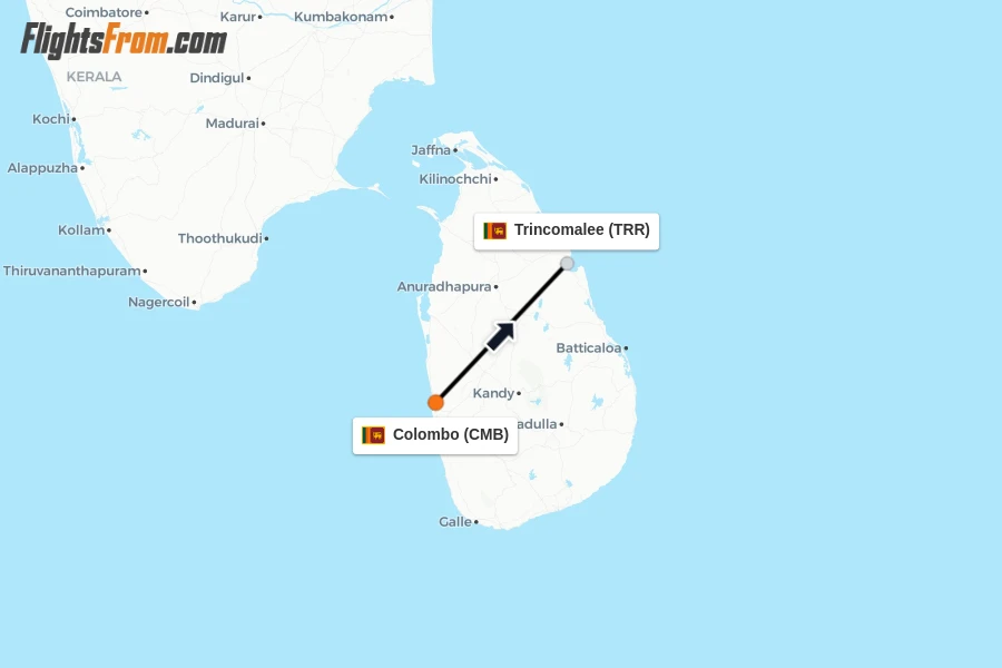 Flights from Colombo to Trincomalee route map