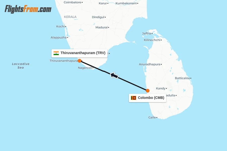 Flights from Colombo to Thiruvananthapuram route map