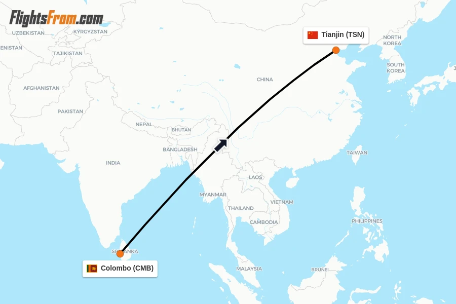 Flights from Colombo to Tianjin route map