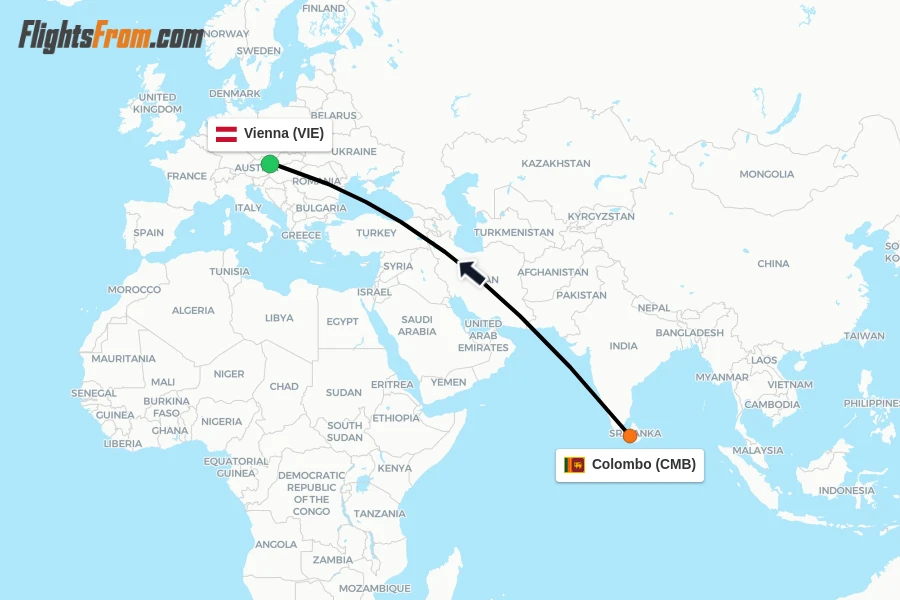 Flights from Colombo to Vienna route map