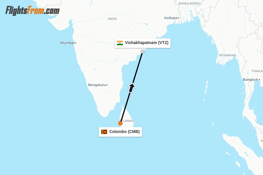Flights from Colombo to Vishakhapatnam route map