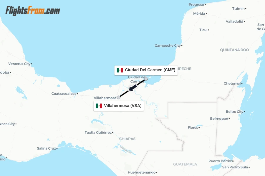Flights from Ciudad Del Carmen to Villahermosa route map