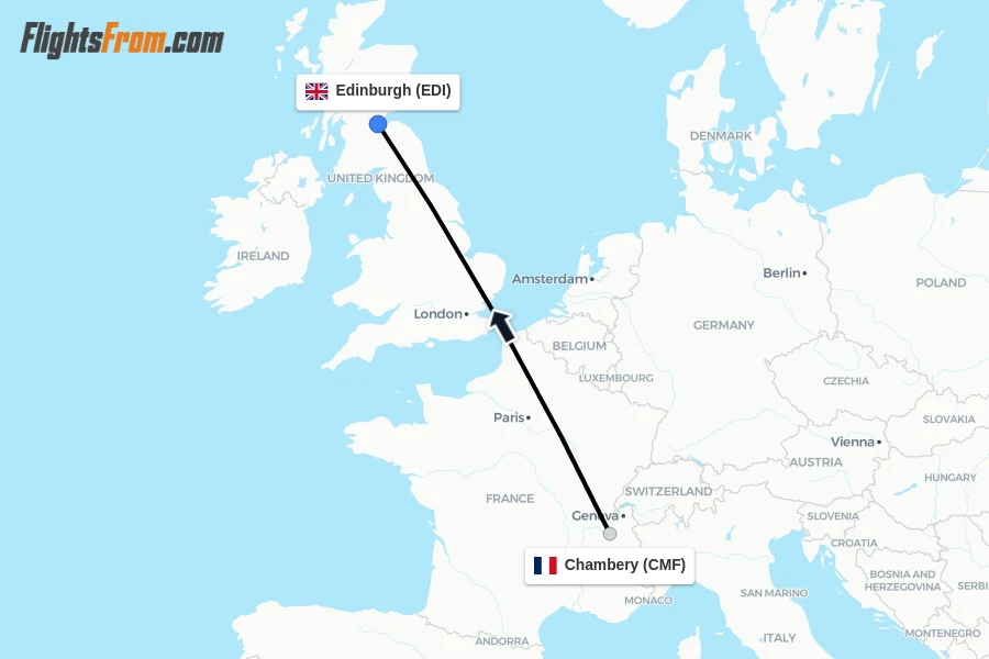 Flights from Chambery to Edinburgh route map