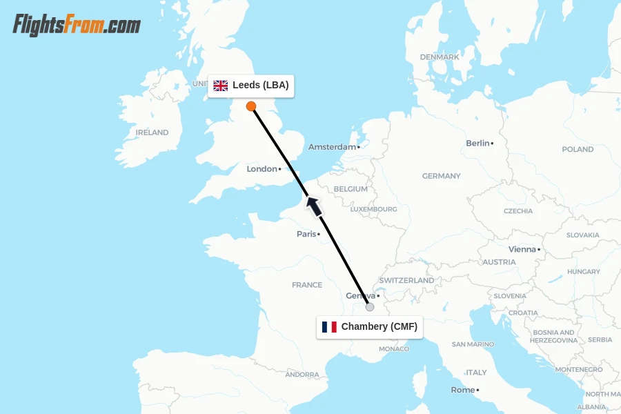 Flights from Chambery to Leeds route map