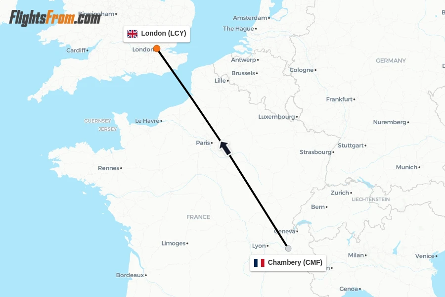 Flights from Chambery to London route map