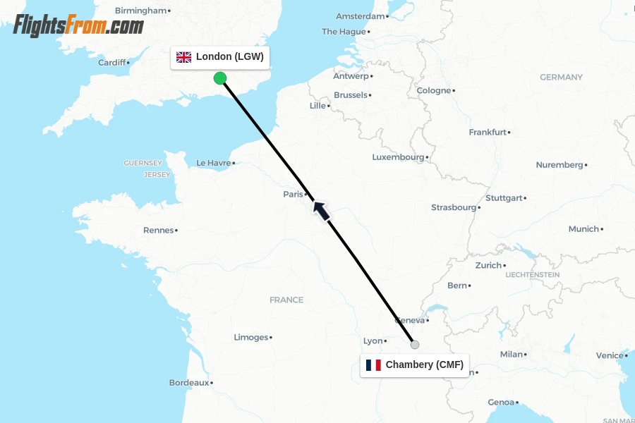 Flights from Chambery to London route map
