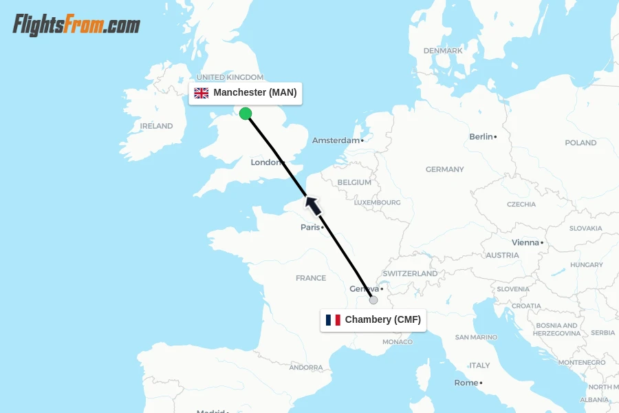 Flights from Chambery to Manchester route map