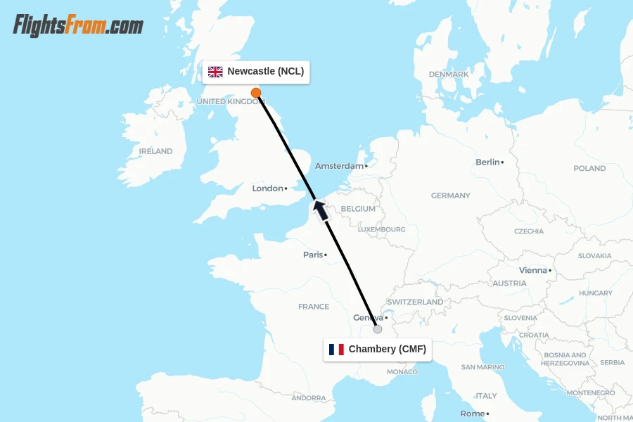 Flights from Chambery to Newcastle route map