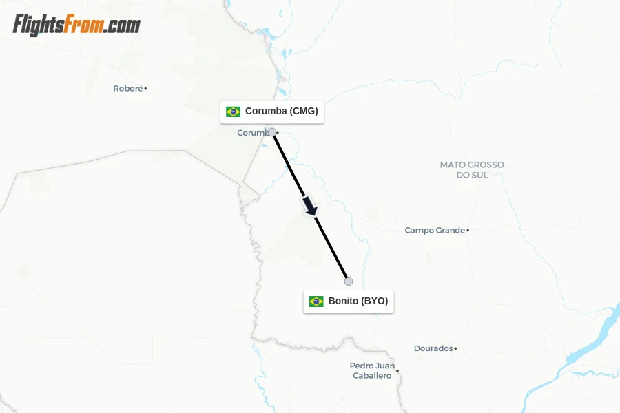 Flights from Corumba to Bonito route map