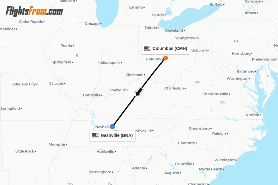 Flights from Columbus to Nashville route map