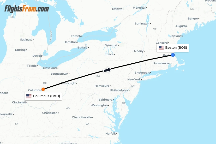 Flights from Columbus to Boston route map