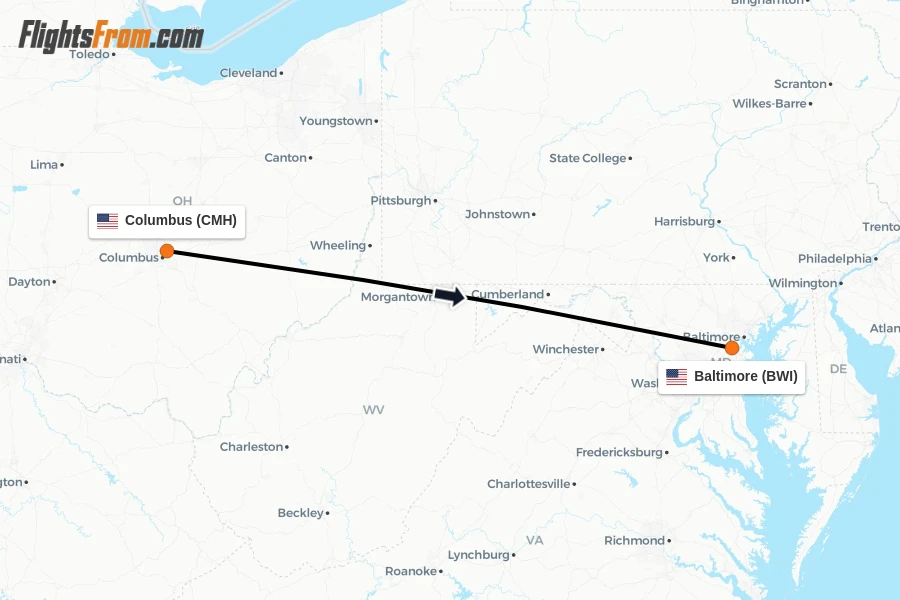 Flights from Columbus to Baltimore route map