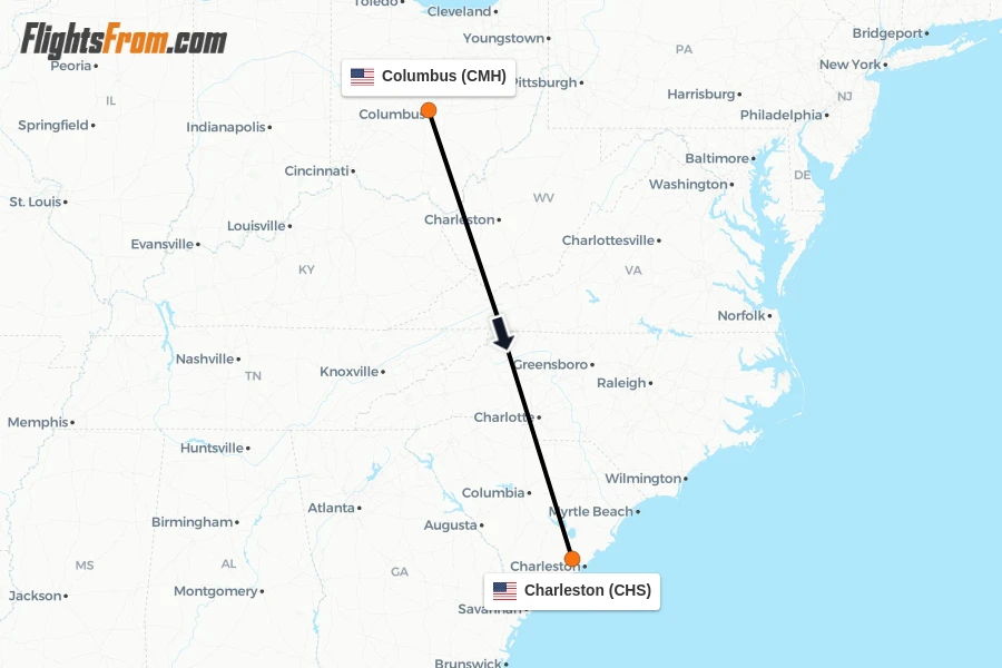 Flights from Columbus to Charleston route map