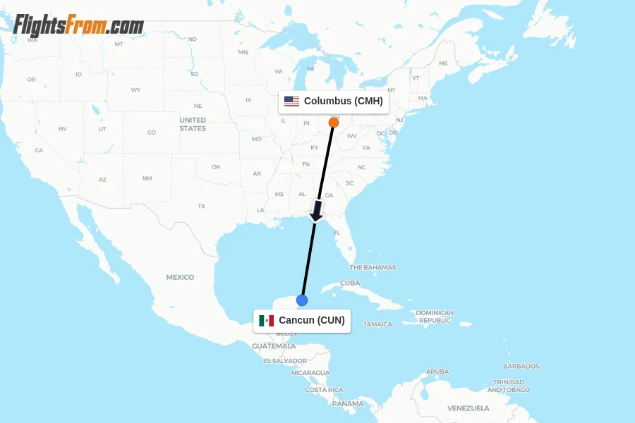 Flights from Columbus to Cancun route map