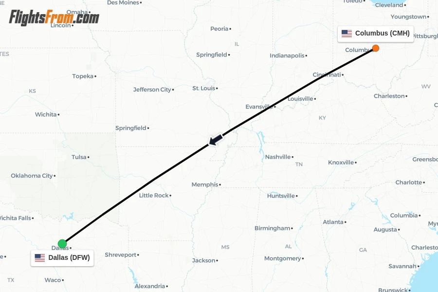 Flights from Columbus to Dallas route map