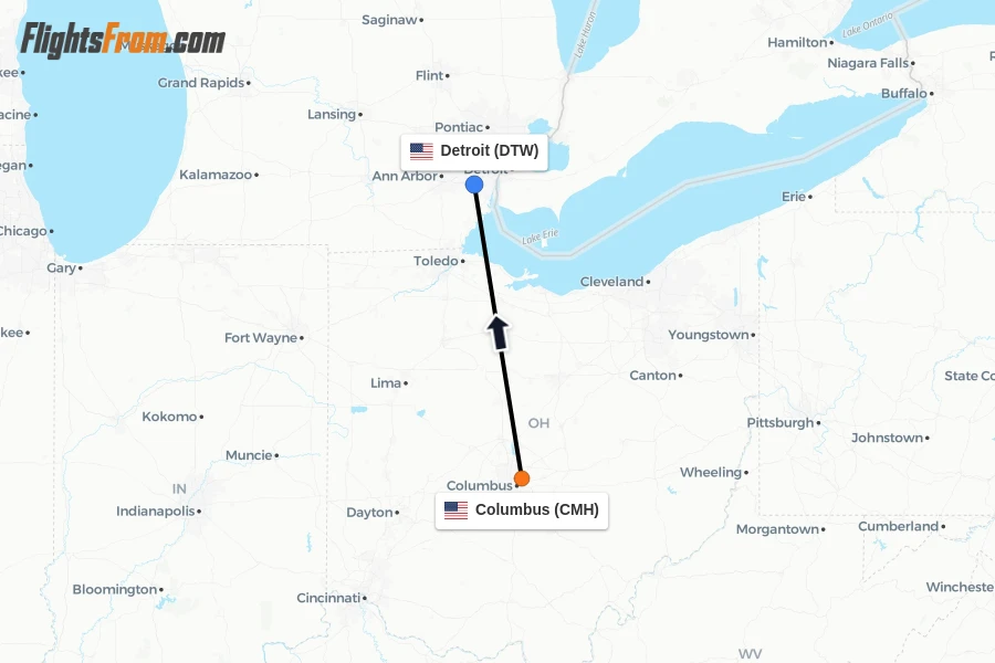 Flights from Columbus to Detroit route map