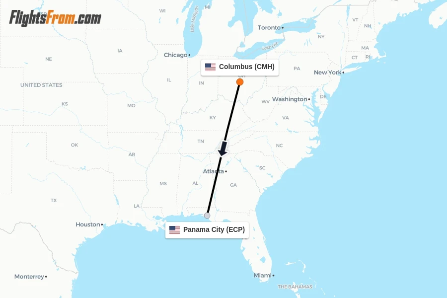 Flights from Columbus to Panama City route map