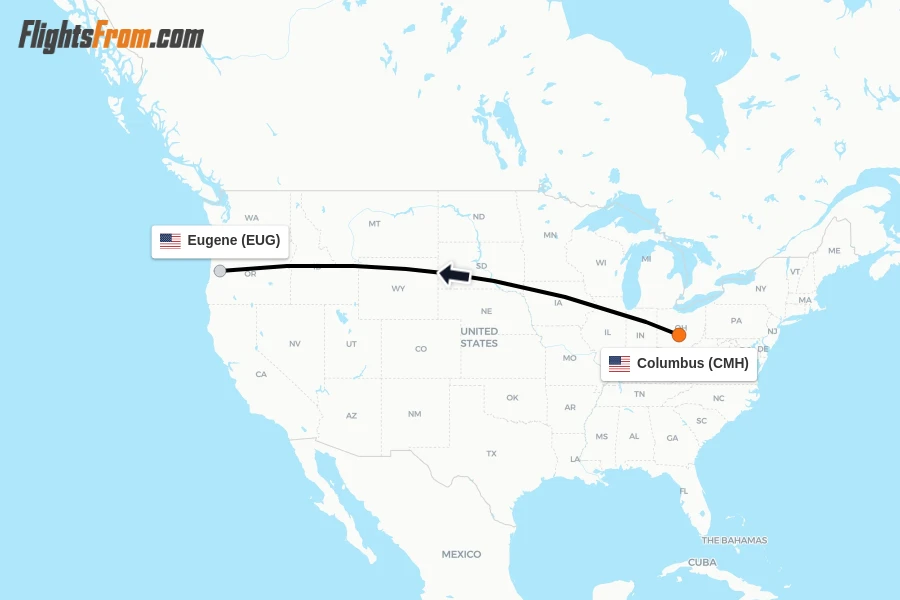 Flights from Columbus to Eugene route map