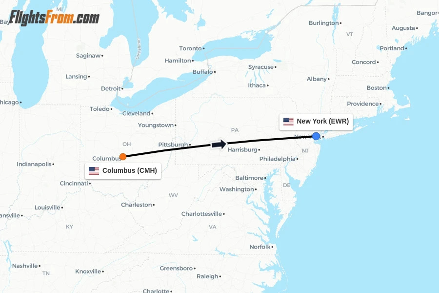 Flights from Columbus to New York route map