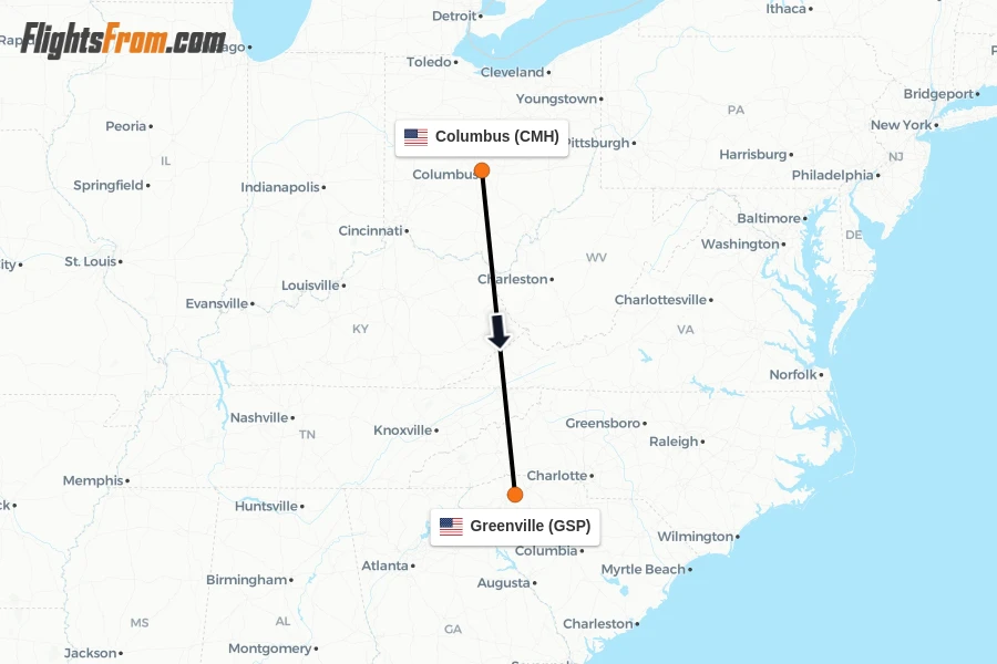 Flights from Columbus to Greenville route map