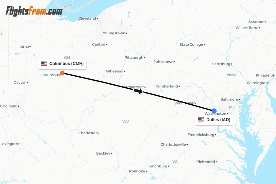Flights from Columbus to Dulles route map