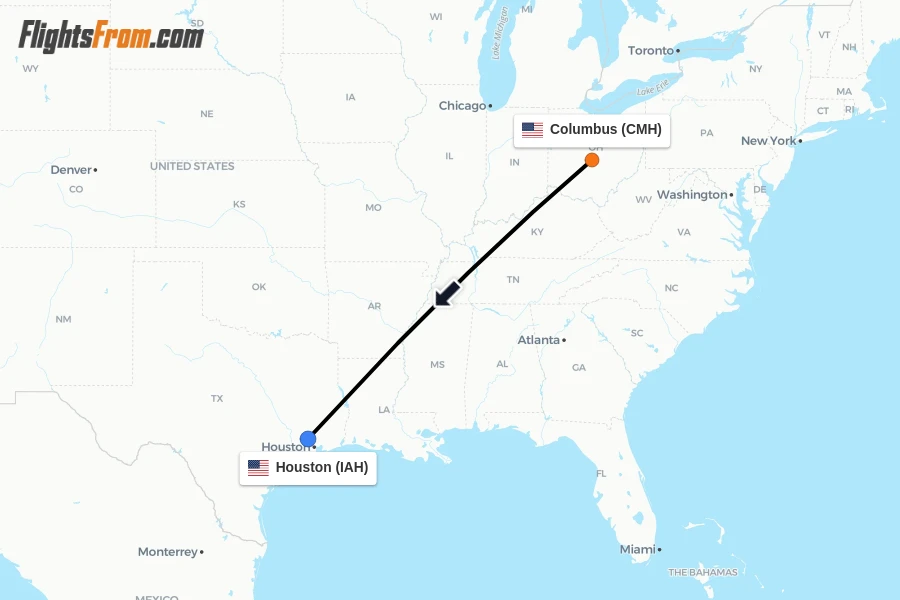 Flights from Columbus to Houston route map
