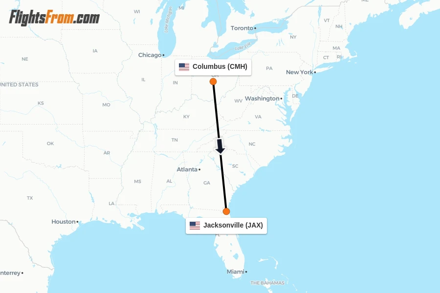 Flights from Columbus to Jacksonville route map