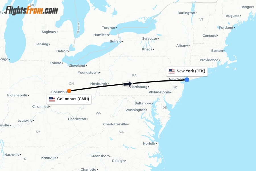 Flights from Columbus to New York route map
